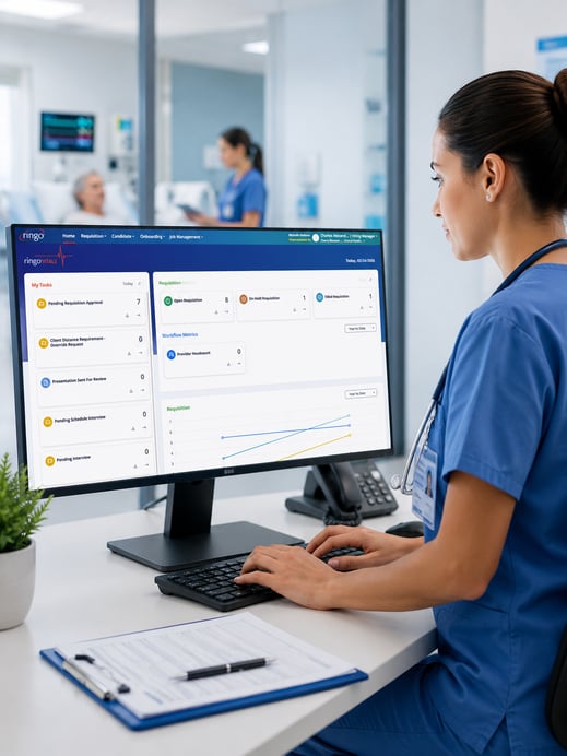 Healthcare professionals reviewing locum tenens staffing data through a centralized vendor management platform