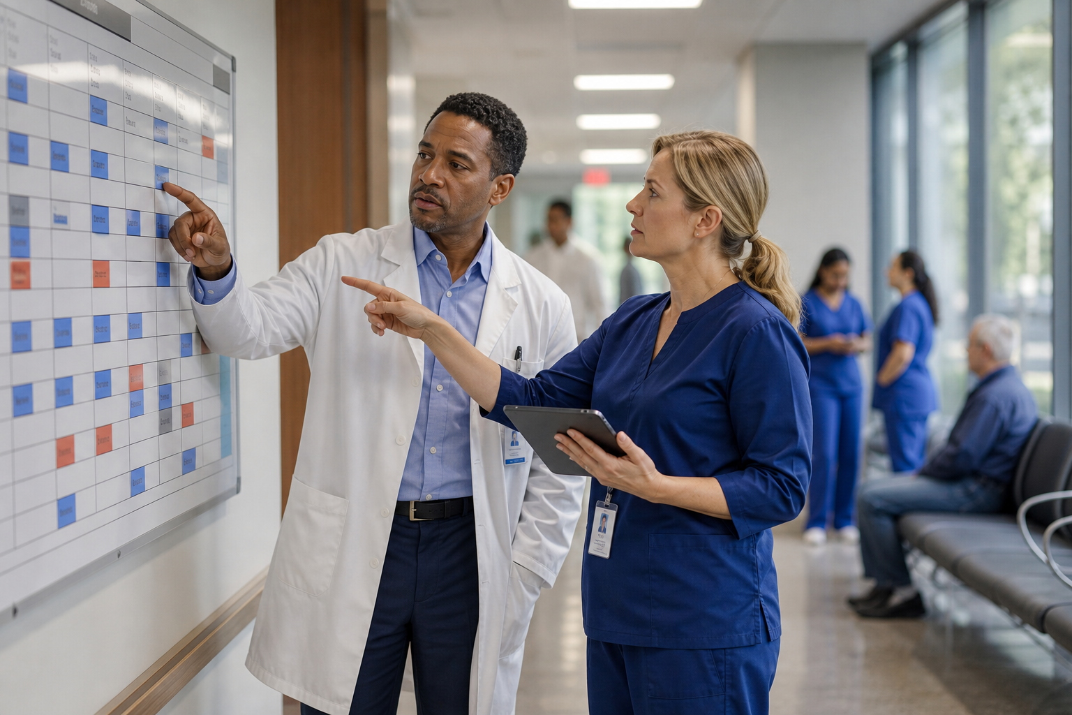 Department chair and practice manager reviewing unfilled physician shifts caused by locum tenens credentialing delays