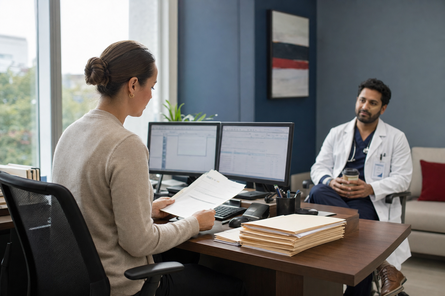 Credentialing coordinator reviewing a locum tenens physician's file, one of the hidden costs of locum coverage