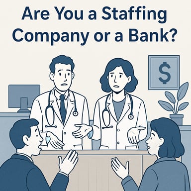 Have doctors working at a bank looking confused talking to customers Have the title say in Navy color 044087 font Nunito Are You a Staffing Company or