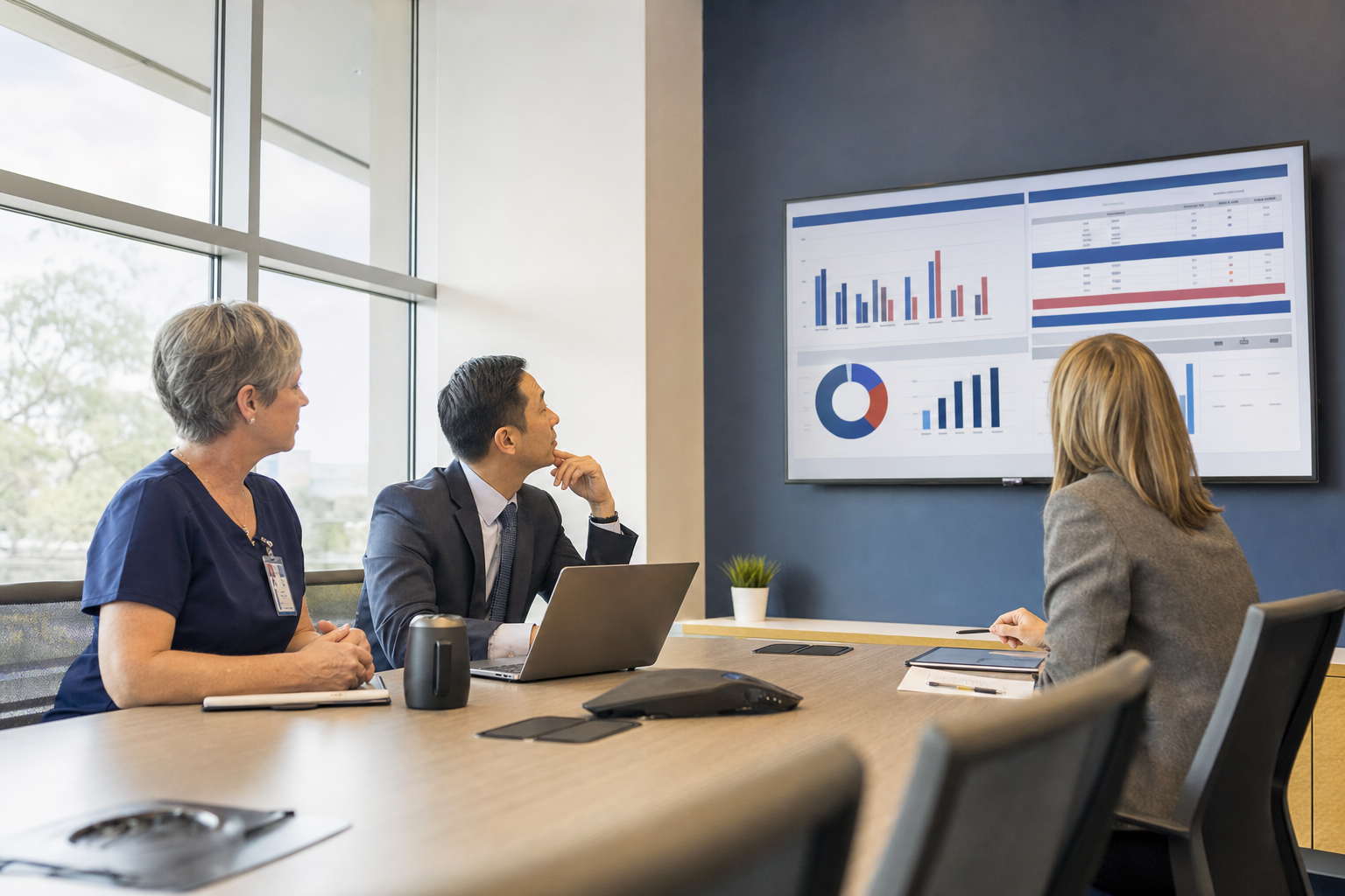 Health system leaders comparing internal float pool and agency labor costs on a workforce dashboard