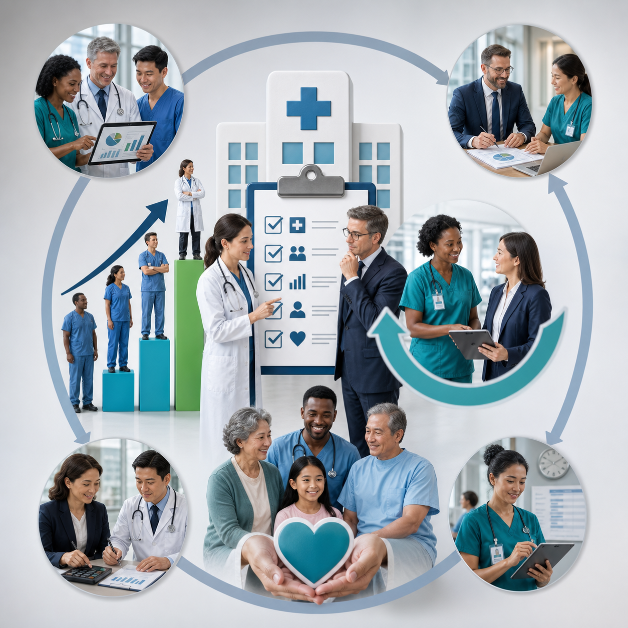 Healthcare administrators and clinical teams reviewing workforce staffing data, checklists and cost charts