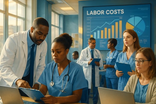 Doctors speaking with nurses in a rural hospital hallway while reviewing staffing plans, highlighting how labor costs represent up to 60% of hospital operating expenses and the need for rural hospital workforce management technology to control costs and improve efficiency.