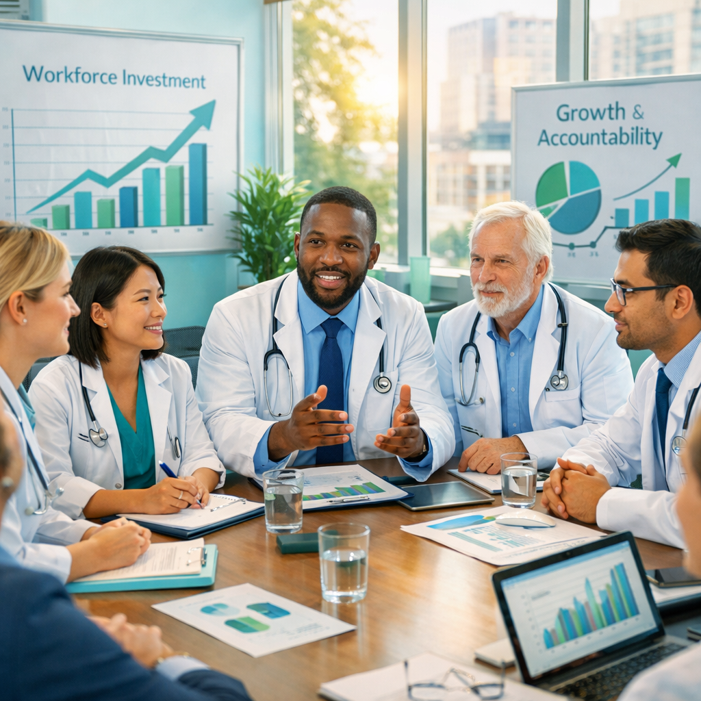 Healthcare leaders meeting to discuss workforce investments and hospital staffing strategy with workforce performance analytics.