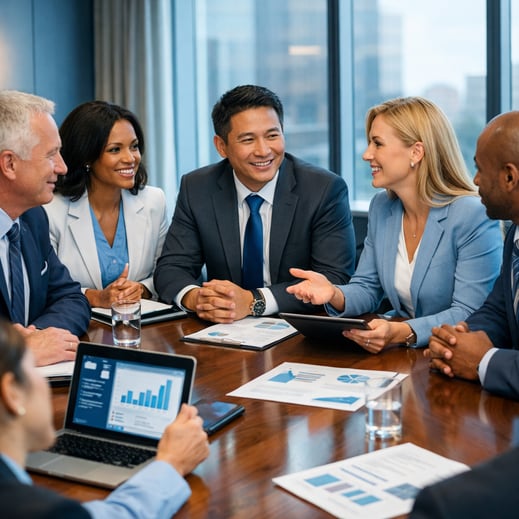 Healthcare executives reviewing workforce data and staffing analytics in meeting to improve hospital efficiency, surgical throughput, and manage anesthesia staffing shortages