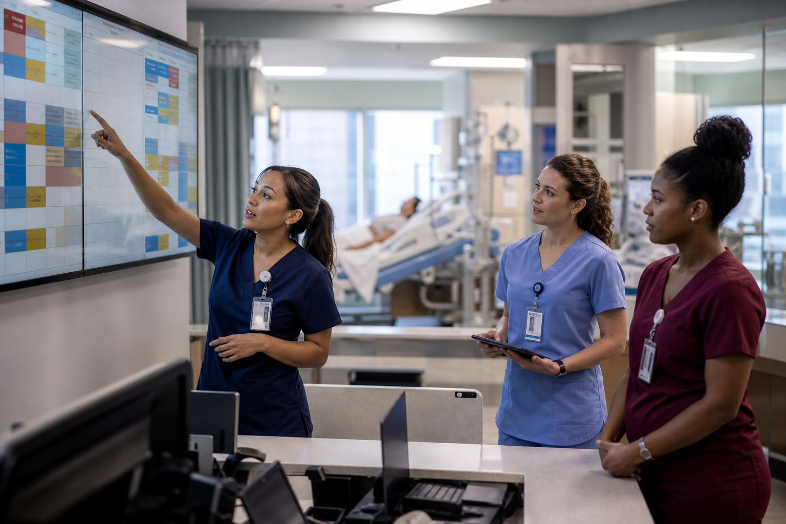 ICU charge nurse assigning internal float pool nurses to open shifts on a digital staffing board