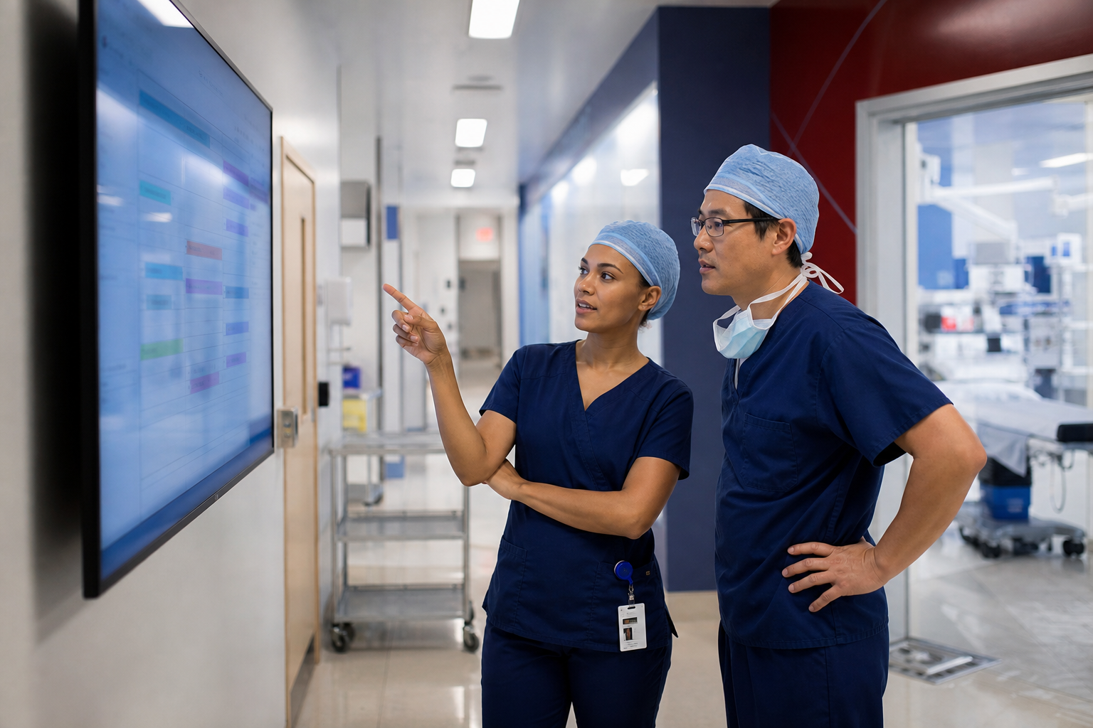 Physician assistant and surgeon reviewing a surgical case schedule, part of advanced practice provider staffing