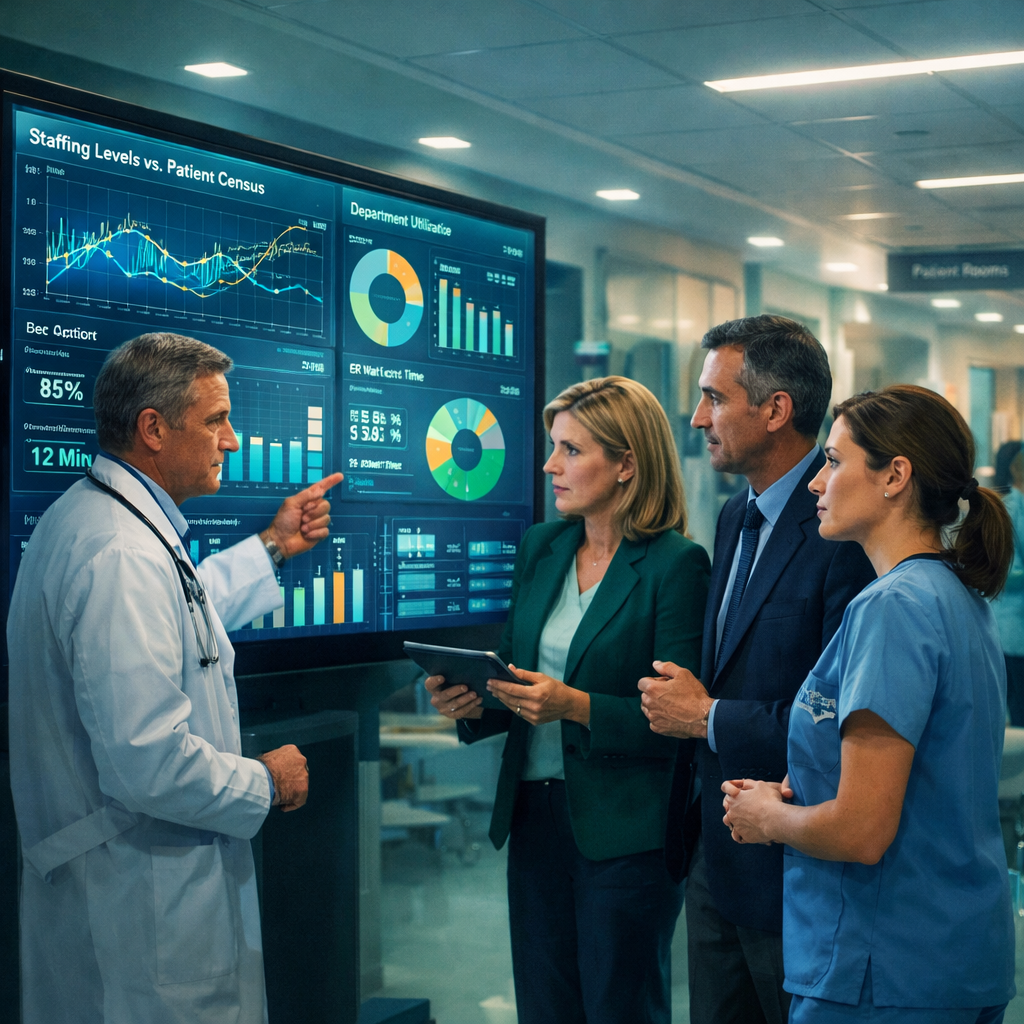 Hospital executives analyzing workforce management dashboard and staffing analytics to reduce labor costs, improve utilization, and address hospital margin pressure