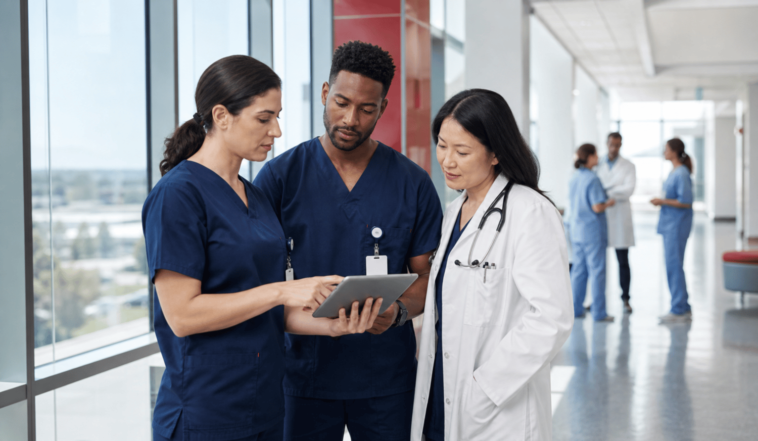 Nurse practitioner, physician assistant and physician reviewing a patient plan, an example of advanced practice provider staffing