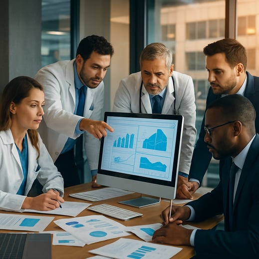 Doctors and hospital executives collaborating in a modern rural hospital setting, reviewing staffing data on a digital dashboard to improve workforce efficiency and financial stability using rural hospital workforce management technology.