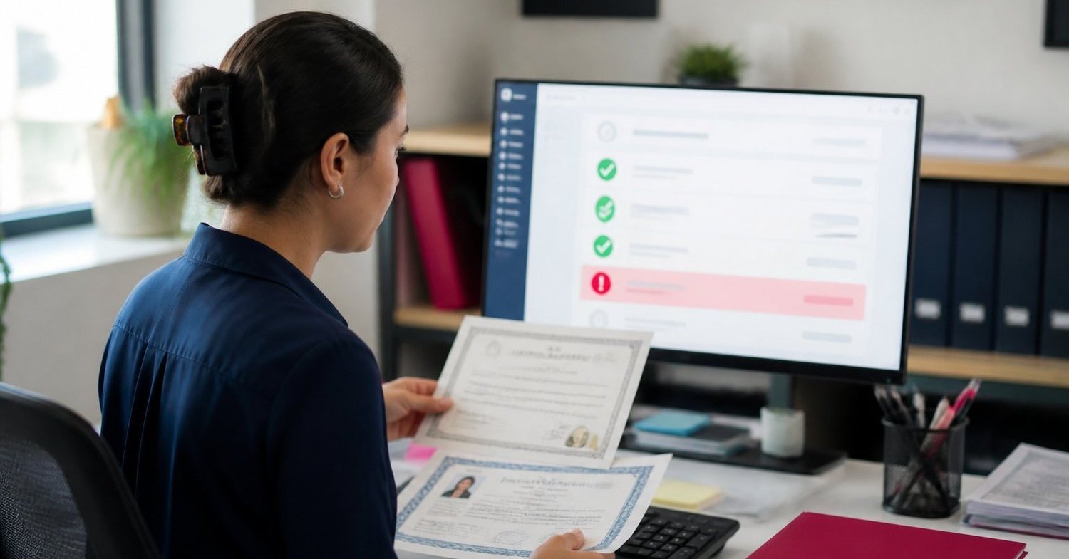 Healthcare credentialing automation: staffing agency coordinator checking a clinician's license against a compliance dashboard