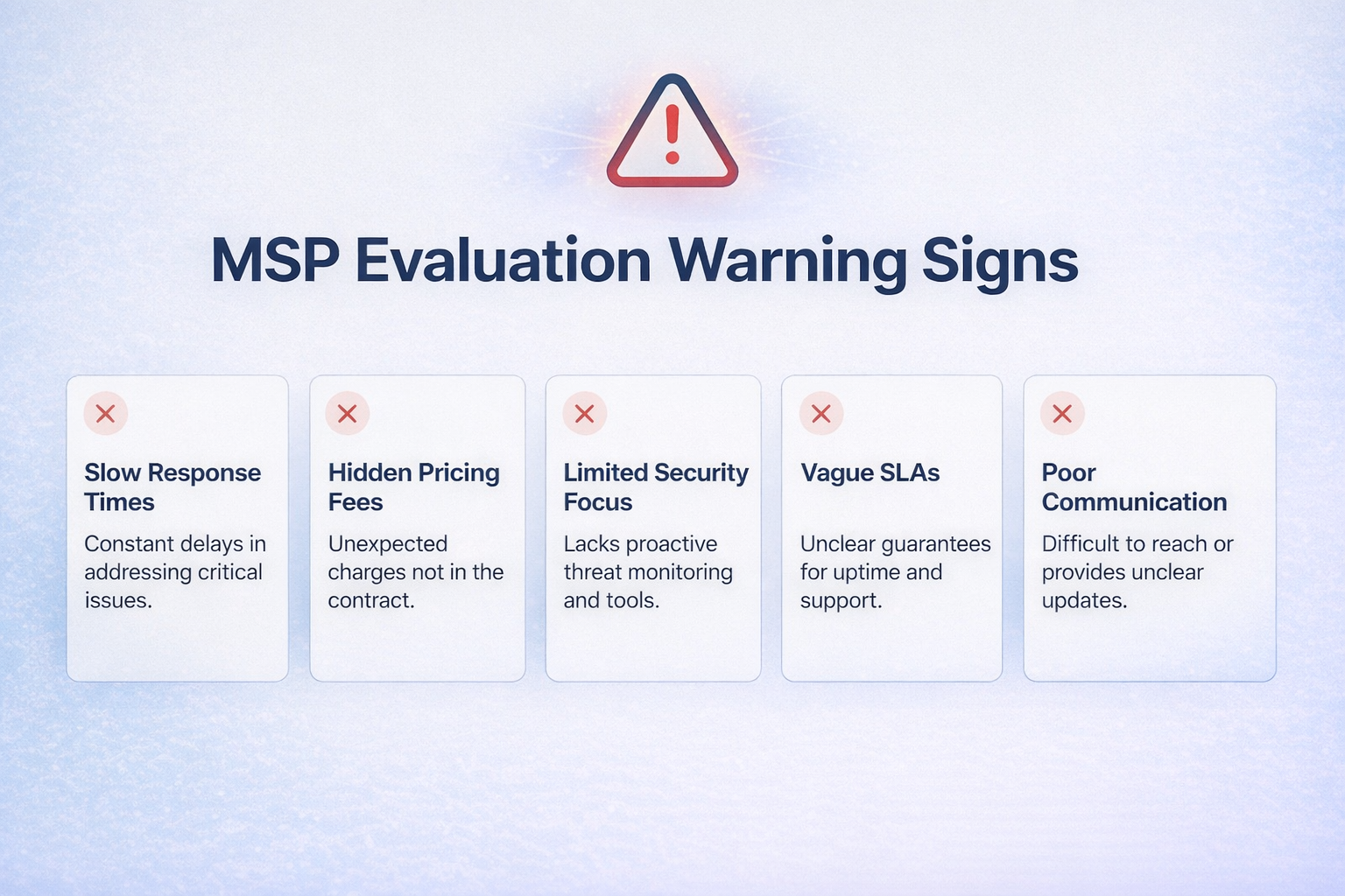 Illustration of MSP evaluation warning signs in healthcare, showing red flags like hidden pricing, vague SLAs, and poor communication that signal conflicts of interest.