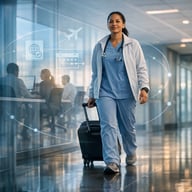 Locum tenens physician arriving for a hospital assignment with luggage and digital scheduling and credentialing icons.