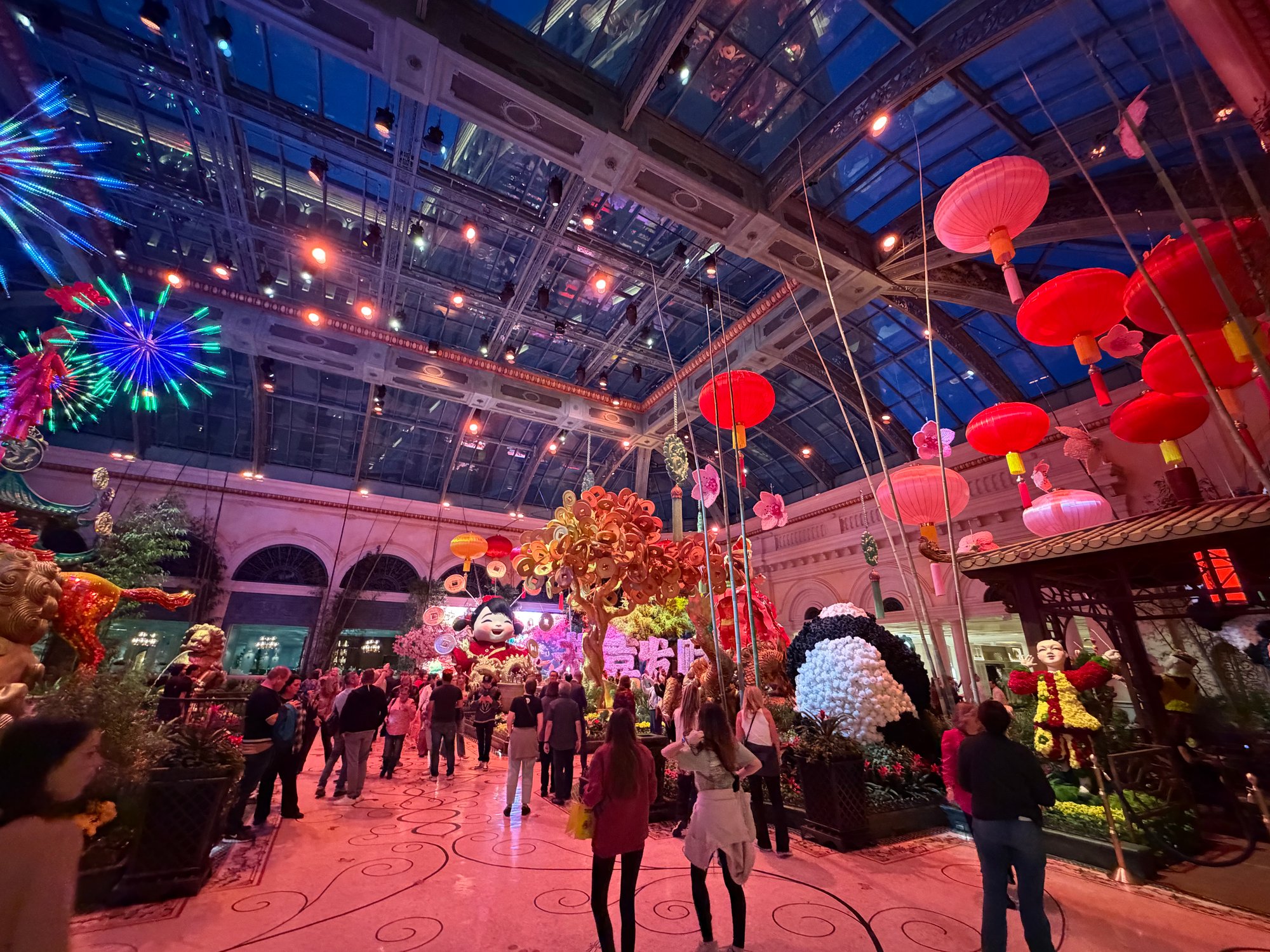Bellagio Conservatory in Las Vegas featuring red lanterns, panda sculptures, and vibrant cultural display during NALTO NAPR conference week where healthcare staffing leaders gather.