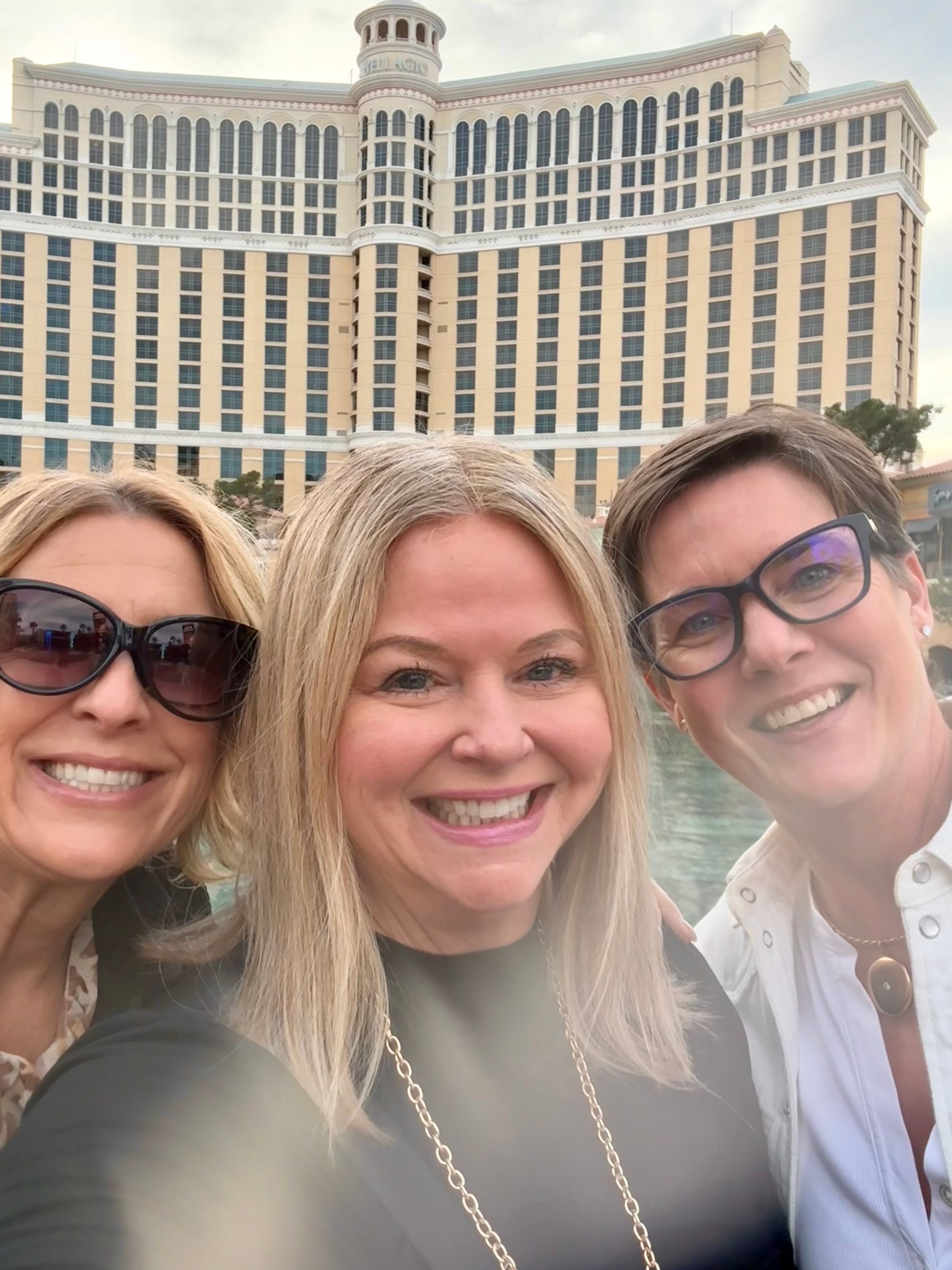 Ringo team members smiling in front of the Bellagio Hotel fountains during NALTO/NAPR 2026 in Las Vegas, representing vendor-neutral healthcare workforce management leadership.