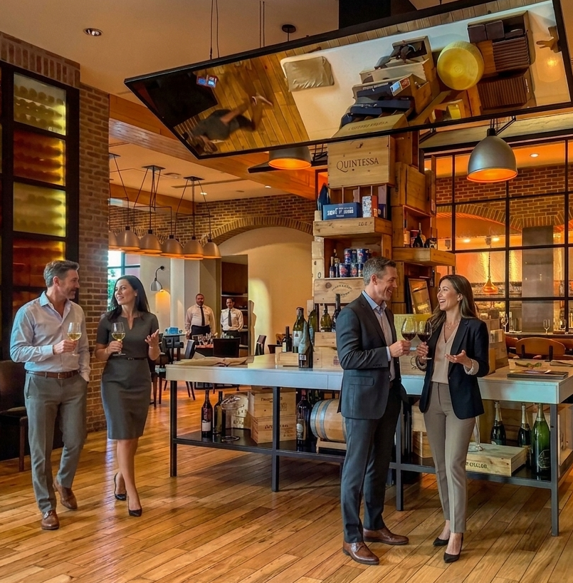 Healthcare executives networking with drinks at AAPPR conference reception, engaging in conversation inside a modern restaurant venue.
