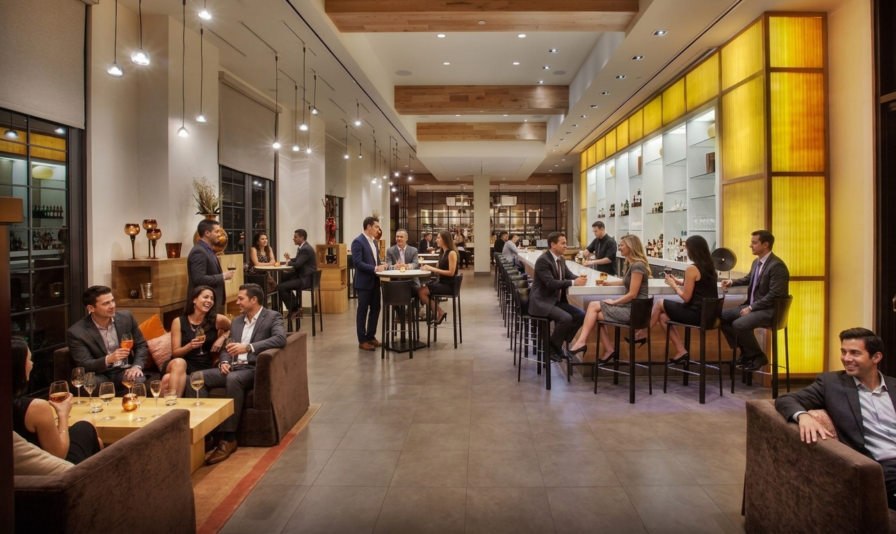 Healthcare leaders networking at AAPPR conference event, socializing and discussing workforce strategy in a modern restaurant lounge setting.