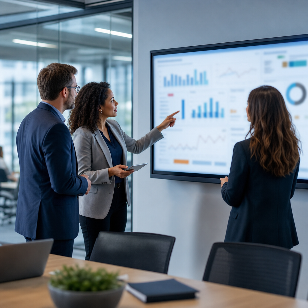 Healthcare operations and procurement leaders reviewing a contingent workforce management dashboard on a conference room screen