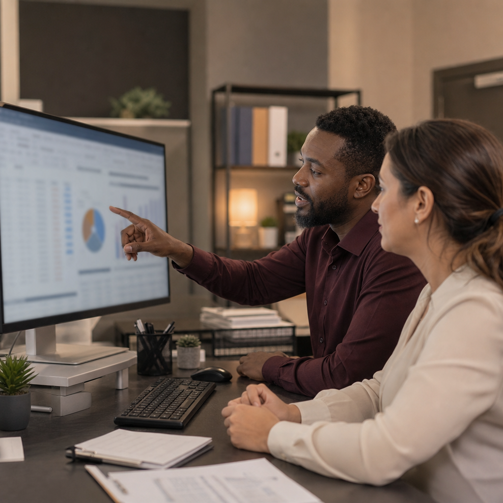 Healthcare revenue cycle specialists reviewing medical billing and claims data on a monitor in a hospital back office