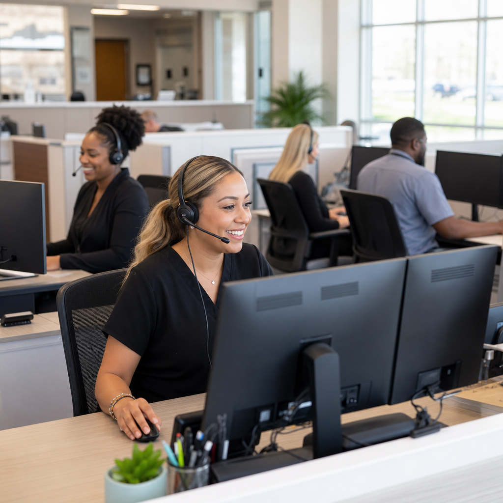 Non-clinical healthcare staffing team of patient access schedulers and registration specialists working at computers in a hospital administrative office