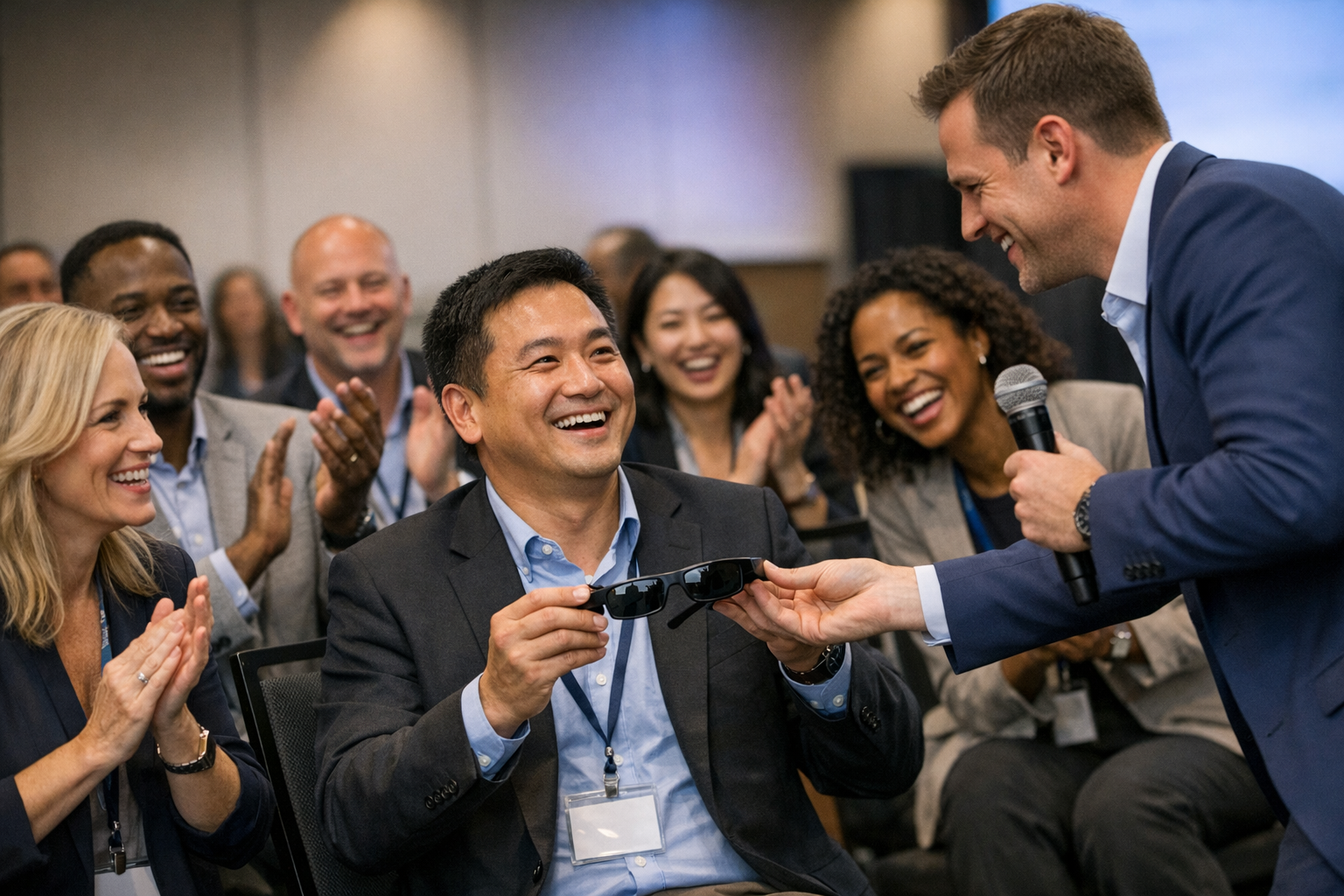 Conference attendee celebrating a Ray-Ban Meta smart glasses win