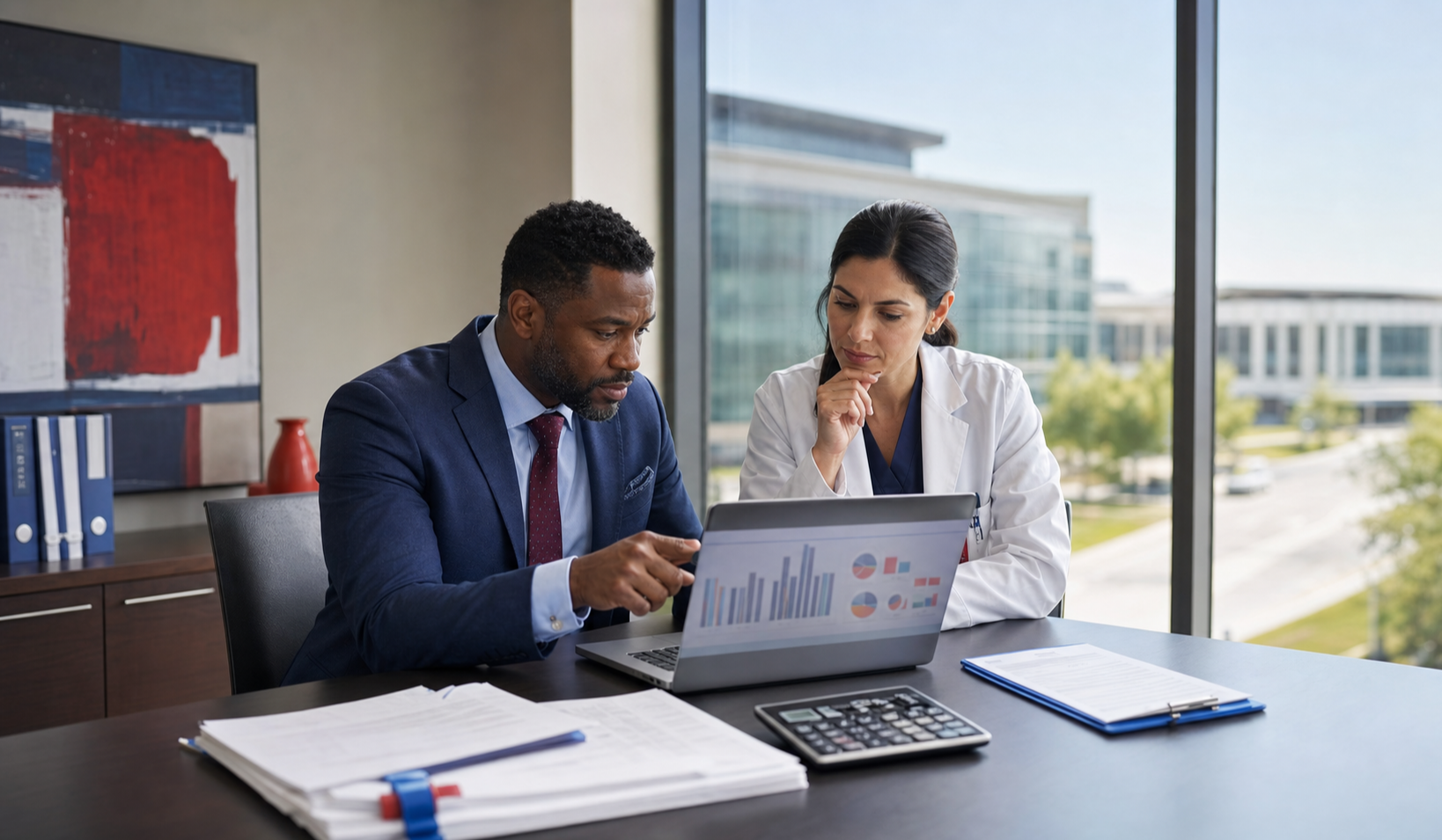 Hospital finance leader and physician reviewing a locum tenens cost and bill rate breakdown on a laptop