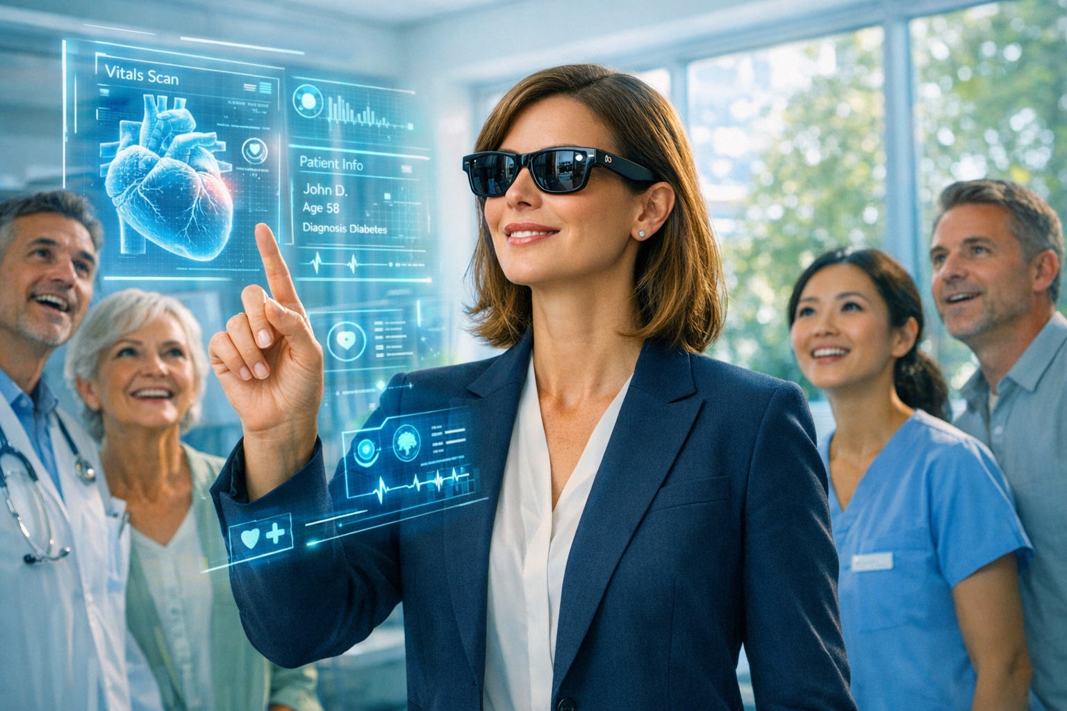 Healthcare professional wearing Ray-Ban Meta smart glasses in a modern clinic