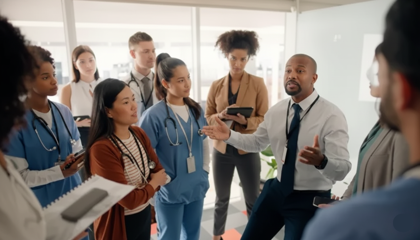 Team of locums tenens staff coming together for a meeting in a hospital